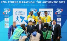 The first three winner of the 37th Athens Marathon – The Authentic: First John Komen Kipkorir (Kenya), second Felicien Muhitira (Rwanda) and third Konstantinos Gkelaouzos (Greece).